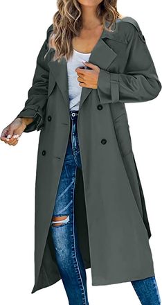 Generic Womens Long Trench Coats Open Front Casual Pockted Windproof Transitional Overcoat Lapel Lightweight Plus Long Sleeve Jacket Grey M