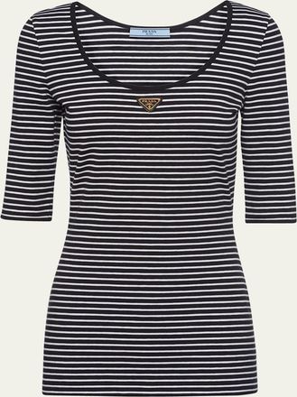 Prada Stripe Three-Quarter Sleeve Jersey Top