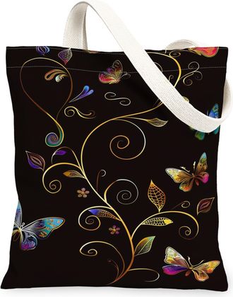 Generic Butterfly Floral Canvas Tote Bags, Colorful Insect Pattern Reusable Grocery Bags, Spring Vintage Lightweight Washable Shoul, Black, 13x15 Inch