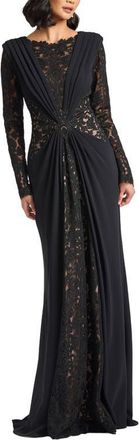 Tadashi Shoji Mixed Media Long Sleeve Body-Con Gown in Black at Nordstrom, Size 12