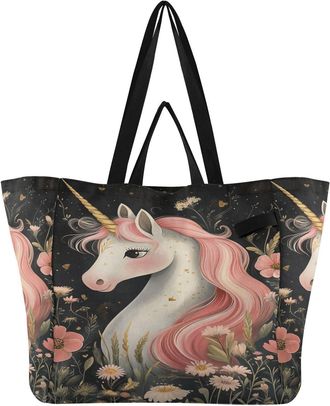 Generic Floral Unicorns Black pattern Reusable Canvas Tote Bag, Heavy Duty Grocery Shopping Bag with Hard Bottom Large Capacity Double Handles Work Groceries 