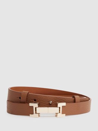 Reiss Hayley Ladies Tan Brown Leather Square Hinge Belt, Size: XS, Black & camel