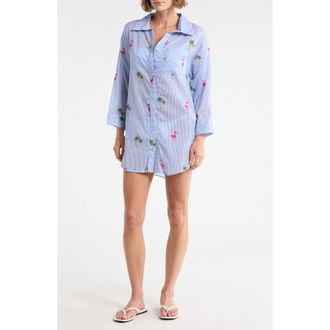 Boho Me Stripe Cotton Cover-Up Shirt in Blue Stripe Flamingo at Nordstrom Rack, Size X-Large