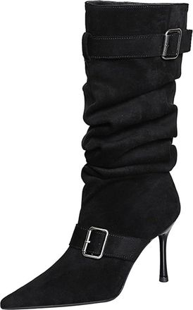 Generic High Boots Women Sexy Pointed Toe Fashion Pleats Slouch Long Tall Boots 9CM Faux Suede Work Office (Black,8.5)