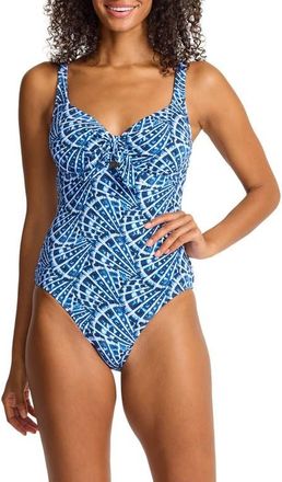Tommy Bahama Island Cays Shell Cove Tie Front One-Piece Swimsuit in Indigo Tide at Nordstrom, Size 16