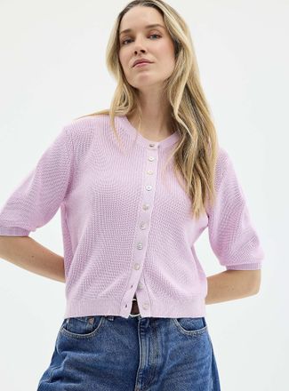 Contemporaine Womens Short-sleeve shaker-rib Cardigan Sweater