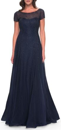 La Femme Beaded A-Line Dress with Illusion Neckline and Sleeves in Navy at Nordstrom, Size 10