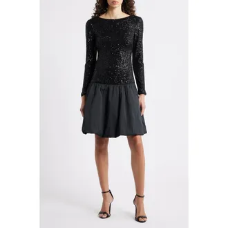 Eliza J Sequin Bodice Long Sleeve Mixed Media Cocktail Dress in Black at Nordstrom Rack, Size 14