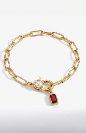 Mint & Lily Paperclip Bracelet with Pearl Accent with Dainty Baguette Birthstone Charm in January Garnet at Nordstrom, Size 8