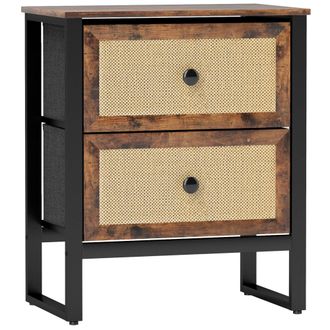 HOMCOM Bedside Table With 2 Rattan Drawers And Steel Legs - Rustic Brown | TJ Hughes