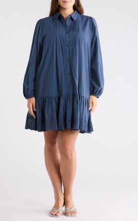 Melrose and Market Long Sleeve Poplin Eyelet Trim Dress in Navy Dipper at Nordstrom Rack, Size 1X