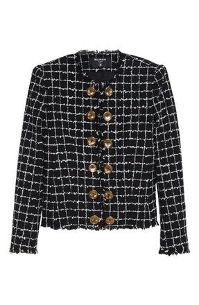 Balmain Square Tweed Crop Spencer Jacket in Eab Blk/White at Nordstrom, Size 10 Us