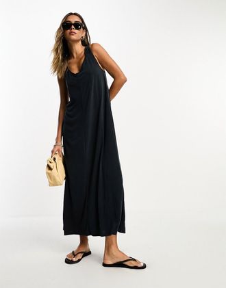 Selected Vestito lungo con spalline sottili nero sinuoso con nodo sul retro