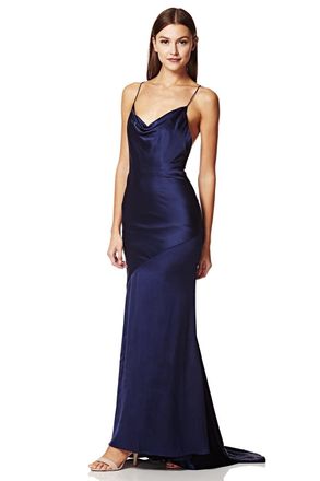 Jarlo Womens Roxanne Cowl Neck Maxi Dress with Open Back, Navy, 10
