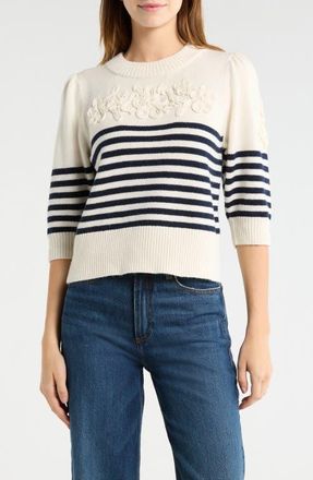 Rails Martha Placed Stripe Floral Appliqu&eacute; Sweater in Ivory Navy Floral Stripe at Nordstrom, Size Xx-Small