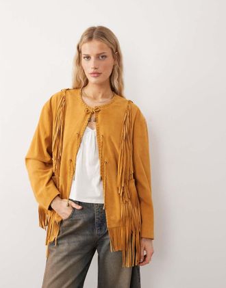 Urban Code Giacca boh&eacute;mien oversize in camoscio gialla con frange-Giallo