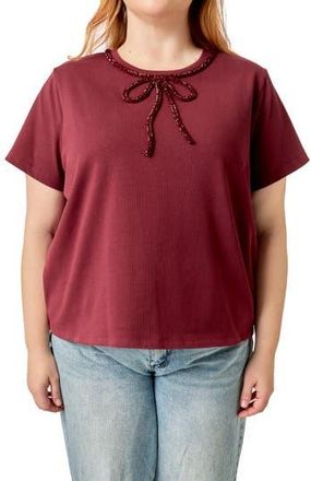 English Factory Beaded Bow Cotton T-Shirt in Burgundy at Nordstrom Rack, Size 2 X