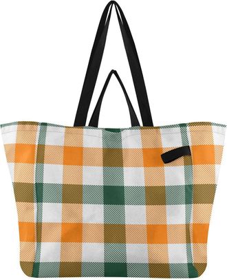 Generic Orange Plaid print Reusable Canvas Tote Bag, Heavy Duty Grocery Shopping Bag with Large Capacity Double Handles Hard Bottom Work Groceries Travel