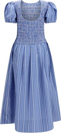 Ganni Womens Striped Cotton Dress With Puff Sleeves Nouvean Navy