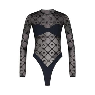Marine Serre Body, female, Black, Size: M Moonogram Mesh Flock Bodysuit T-Shirt