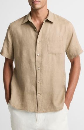 Vince Classic Fit Short Sleeve Linen Shirt in Teak at Nordstrom, Size Xx-Large