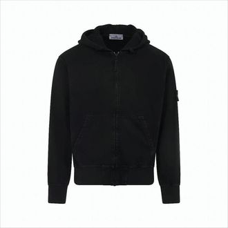 Stone Island Black Cotton Zip-Up Hoodie With Iconic Patch