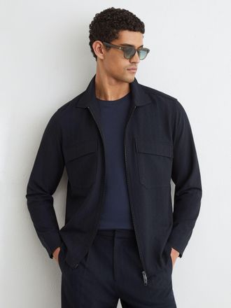 Reiss Navy Stripe Zip-through Overshirt, Xxl