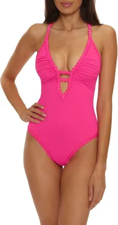 BECCA by Rebecca Virtue Bella Plunge One-Piece Swimsuit in Strawberry at Nordstrom, Size Medium