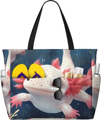 Generic Cute Axolotl Print Large Beach Bag Foldable Travel Shoulder Tote Bag With Pocket For Weekender Pool Vacation