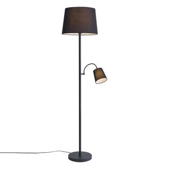 QAZQA Cl&aacute;sico/antiguo L&aacute;mpara De Pie Cl&aacute;sica Negra Con Pantalla Negra Y Luz De Lectura - Retro Textil /acero Alargada Adecuado Para Led Max. 1 X 60 Watt - Q