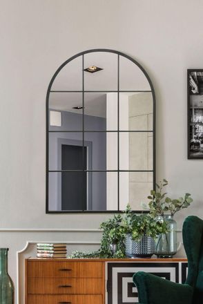 MirrorOutlet Black Metal Framed Arched Window Wall Mirror 47 X 31 (120CM X 80CM) | Size: 1 Pack