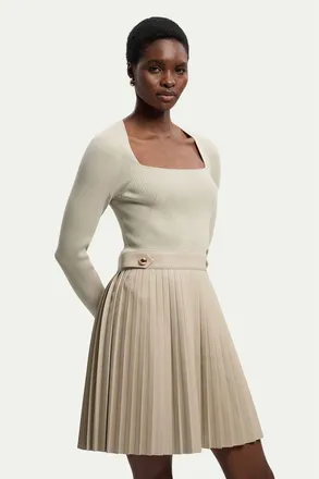 Karen Millen Square Neck Pleated PU Skirt Mini Dress in Stone at Nordstrom, Size Medium