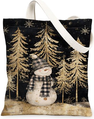 Generic Winter Snow Man Canvas Tote Bags, Tree Pattern Reusable Grocery Bags, Holiday Vintage Rustic Lightweight Washable Shoulder, Black, 13x15 Inch