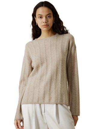 LilySilk Womens Oversized Sweater Drop-Shoulder 100% High-Premium Baby Cashmere Causal Cable Knit Pullover for Fall(Beige,L