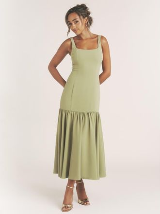 Six Stories Square Neck Drop Hem Midi Dress in Sage at Nordstrom, Size 10