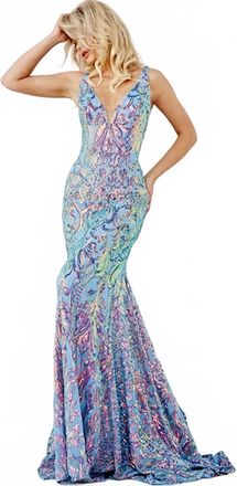 Jovani V-Neck Open Back Dress In Iridescent Blue