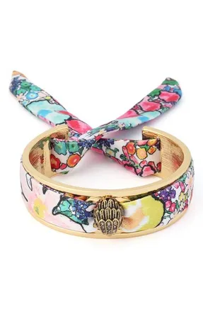 Kurt Geiger Floral Fabric Tie Cuff Bracelet in Gold/pink Multi at Nordstrom