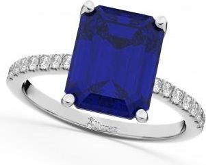Allurez Emerald Cut Lab Blue Sapphire & Diamond Engagement Ring 18k White Gold (2.96ct)
