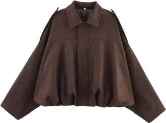 Generic Womens Suede Bomber Jacket, 2025 Casual Lapel Pilot Cropped Coat Long Sleeves Trendy Streetwear Outerwear (M,Coffee)