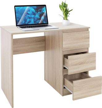 ML Design Ml-design - Escritorio Con 3 Cajones 90x76x50 Cm Roble Sonoma Con Tapas De Cajones Con Gran Espacio De Almacenamiento Mesa De Trabajo Para Ordenador P