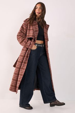 NASTY GAL Womens Check Vinyl Collar Trench Coat - Brown - Size X-Small/Small