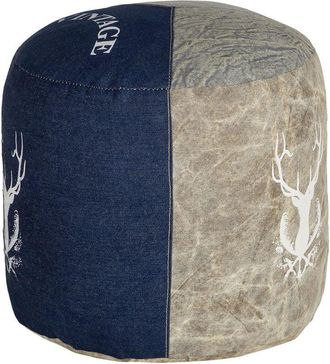 WOMO-DESIGN Pouf Poggiapiedi Jacksonville Imbottito ø 35 x 43 cm Tabouret in Tela e Jeans Sedile Colore Beige e Blu per Soggiorno da Divano Sgabello per Salotto
