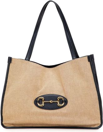 Gucci Beige Navy Canvas Leather Shoulder Bag Tote Bag (Pre-Owned)