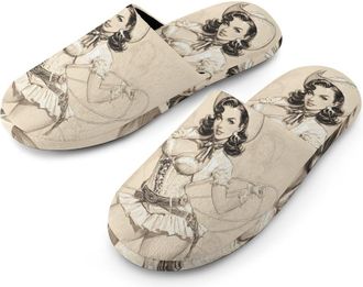 Generic Pin Up Western Woman Mens Cozy Memory Foam Slippers Warm Cotton House Shoes Comfy Slipper for Indoor Outdoor