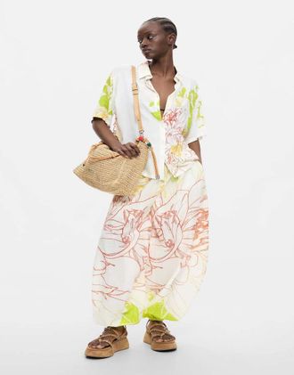 Desigual Camicia a maniche corte bianca a fiori-Bianco