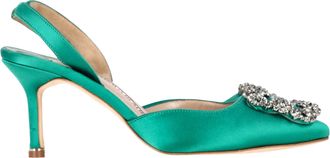 Manolo Blahnik Pre-owned Womens Hangisi70 Embellished Slingback Pumps in Green Satin - Size 34.5 EU/IT