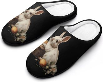 Generic Vintage Bunny with Basket Slippers Men Winter Warm Cotton Anti-Slip Indoor Slip-Ons House Shoes