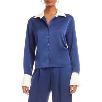 Fifteen Twenty Tawnie Contrast Trim Satin Button-Up Shirt in Deep Blue at Nordstrom, Size X-Small