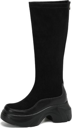 Generic Women Knee High Suede Platform Boots Elastic Shaft Chunky Thick Sole Side Zip Closed Toe Slip On Comfortable Durable Fashion,Black,5.5 UK