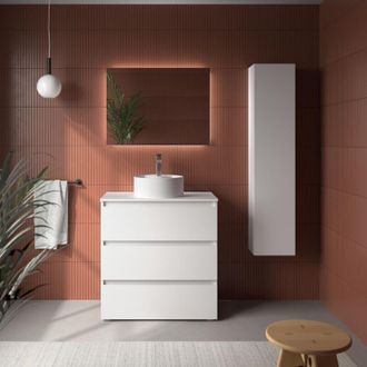 Cygnus Bath Mueble De Ba&ntilde;o Bequia 3c 80cm Blanco Mate Lavabo Sobre Encimera Porcelana